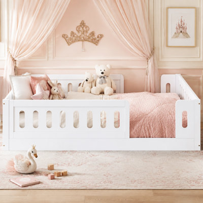 Wood Platform Bed Frame with Guardrail, Low Profile Floor Bed for Kids & Toddlers, No Box Spring Needed