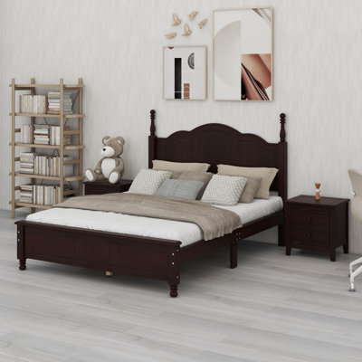 Ensemble de chambre à coucher 3 pièces - lit plateforme en bois et 2 tables de chevet, ensemble de mobilier de chambre à coucher 3 pièces, aucun sommier nécessaire
