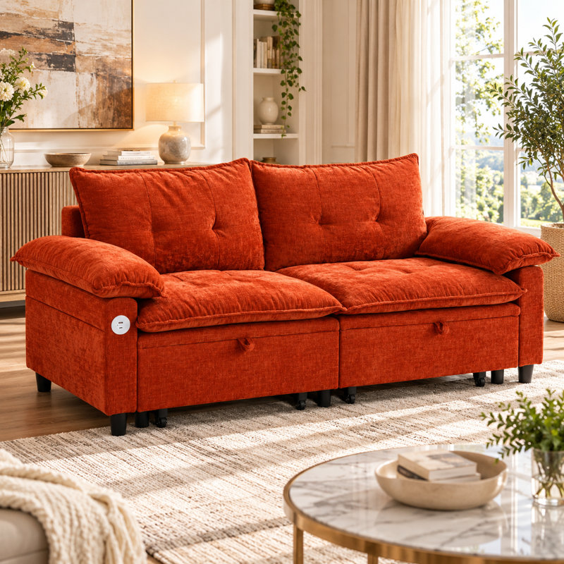 Canapé-lit escamotable 73 po en velours convertible avec matelas caché - disponible en beige, orange, rose, noir