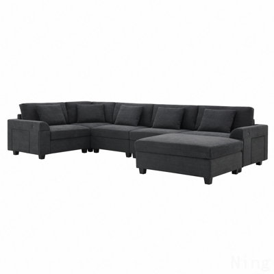U Shaped Sectional Sofa,6 Seat Chenille Couch Set With Oversized Ottoman,Hidden Armrest Storage And Cup Holders,Usb Charging Ports,Wide Seat Sofa For Living Room,Apartment,2 Colors
