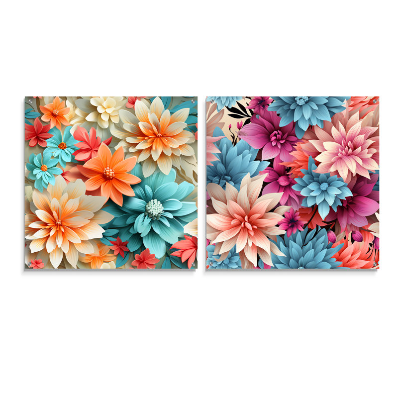 Boho pastel floral mandala harmonie I - ensemble d'art mural en acrylique sur verre floral, H 16 po x l 33 po