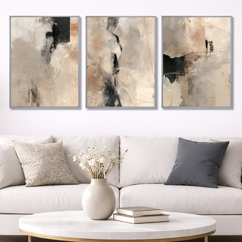 «Black and Grey Brushstroke», peinture abstraite I - impression abstraite sur toile à 3 panneaux, Silver Floater Framed