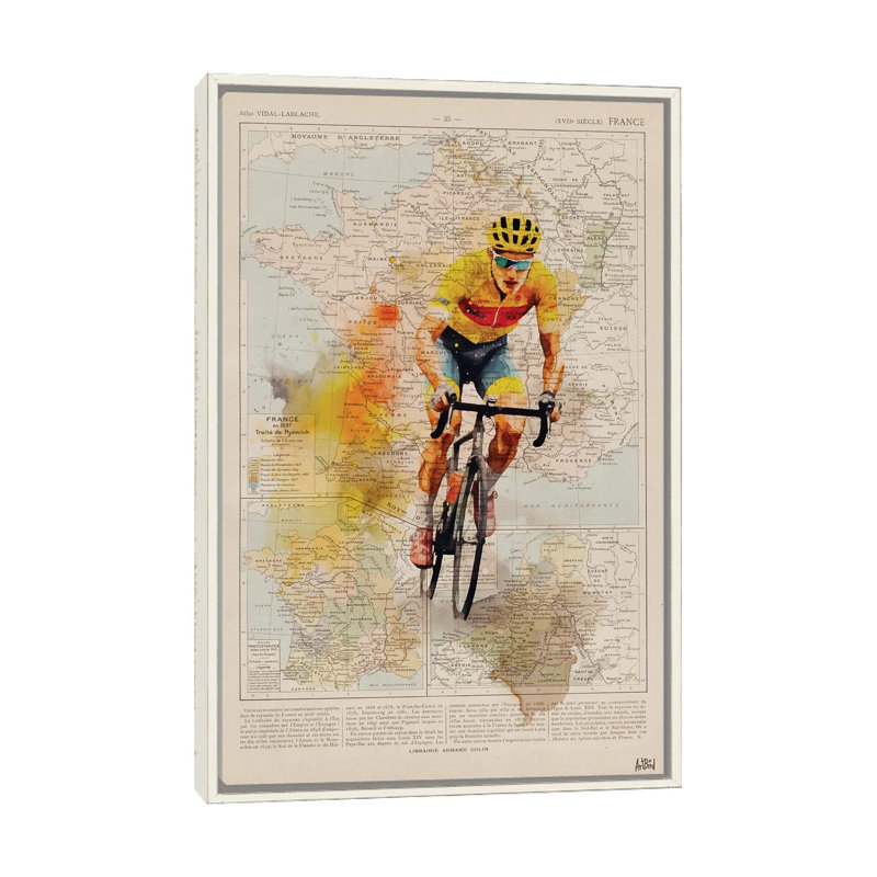 Tour de France, aquarelle, Toile encadrée flottante blanc vieilli, Pas de tapis, H 26 po x l 18 po x P 1,5 po