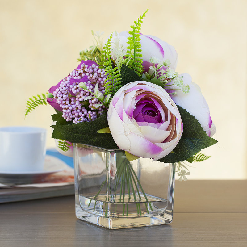 Arrangement floral pivoines en soie dans un vase, Mauve / beige