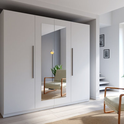 Chamniss 4 Door Mirrored Wardrobe in White, 228 cm