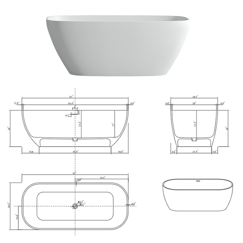 Baignoire autoportante 67 po. X 29,5 po. À surface solide