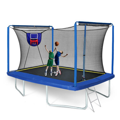 Nouveau trampoline rectangulaire YC 8 pi x 12 pi avec panier de basketball, filet de sécurité et échelle - Équipement de gymnastique d'extérieur certifié ASTM