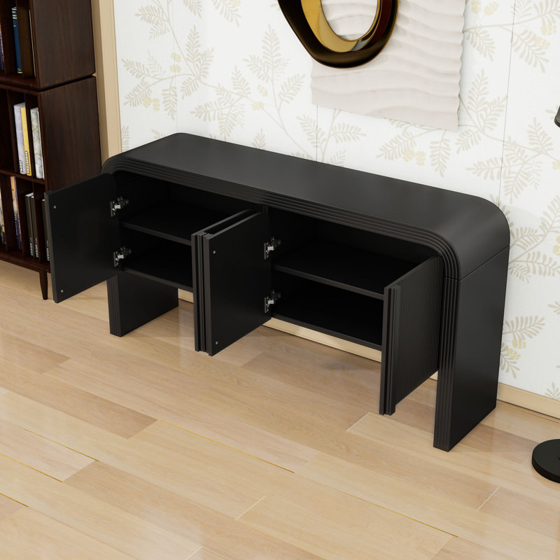 Console 63 pouces à motif ondulé moderne avec 4 portes et tablettes réglables, Noir