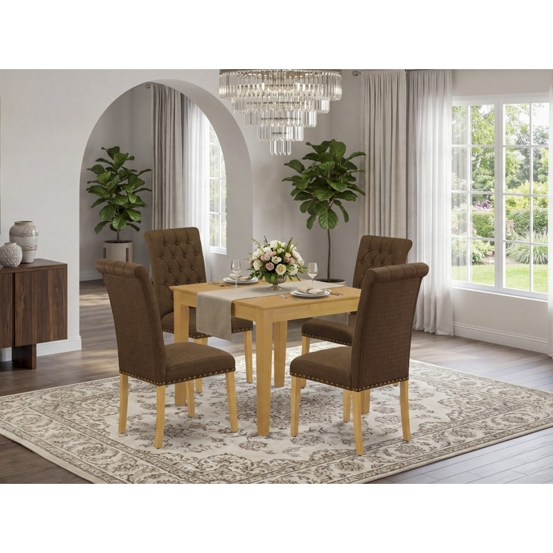 5 Piece Dining Room Furniture Set Includes a Square Dining Table and 4 Brown Linen Linen Fabric Upholstered Chairs, 36x36 Inch, Oak