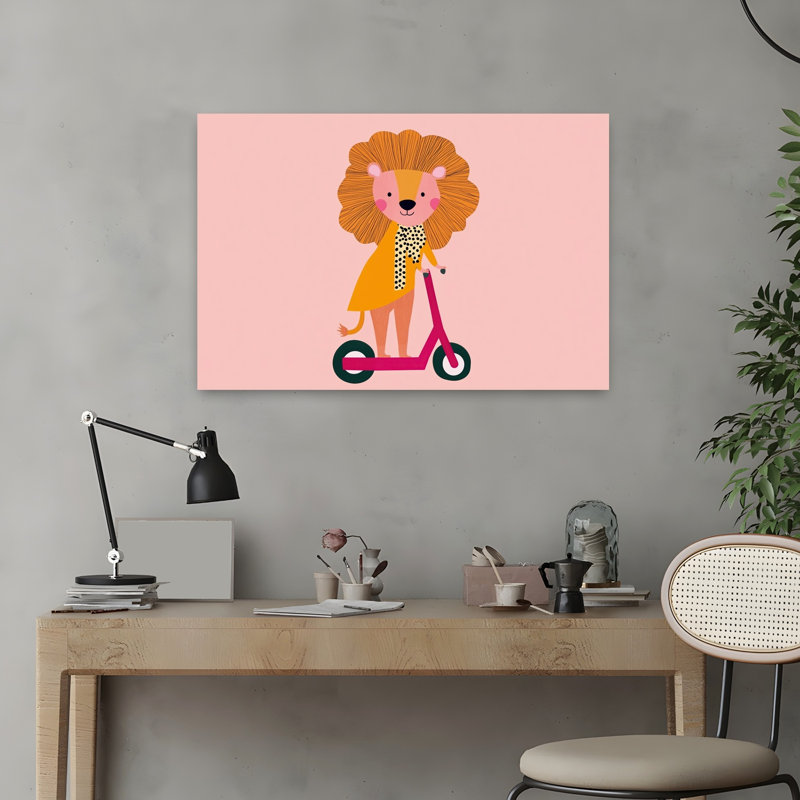 Cute Lion Scooter Ride Modern Wall Art Print by Mathieu - Wrapped Canvas Print, 40.64cm H x 60.96cm W
