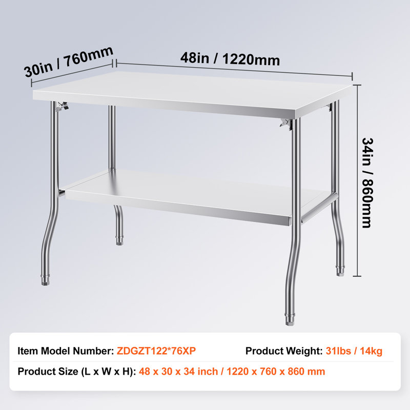 Folding Commercial Prep Table, 48 x 30 Inch Commercial Worktable Workstation with Undershelf, Heavy-duty Stainless Steel Folding Table with 300 lbs Load, Designed for Home Kitchen Restaurant Garage