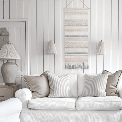 Long Vertical Wall Hanging Tapestry Woven Boho Farmhouse Decor Grey Cream Tassel Handmade Wall Art Decoration For Bedroom Living Room Dorm Nursery Apartment, 16X39 INCH