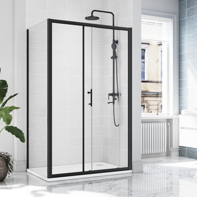 185*140*0.6cm, Safe and Easy-To-Clean Sliding Shower Enclosure with Side Panels, Black
