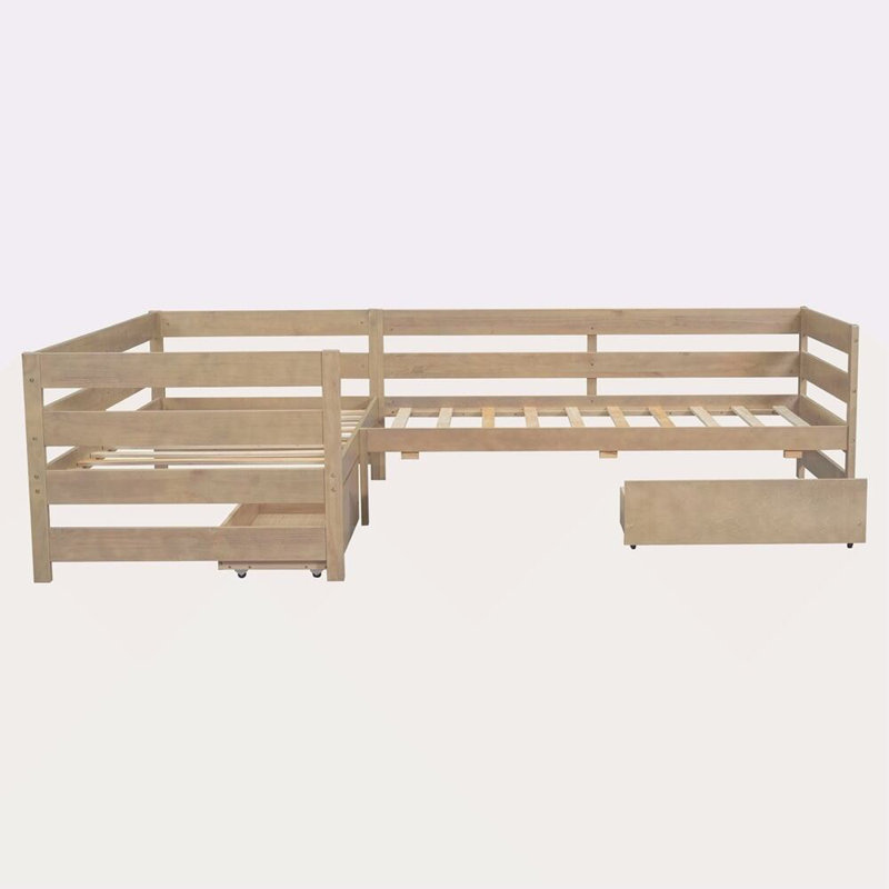 Lit plateforme simple en forme de L avec trois tiroirs de rangement