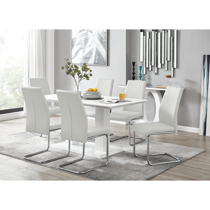 Edzard Double Pedestal High Gloss Dining Table Set with 6 Luxury Faux Leather Dining Chairs, White