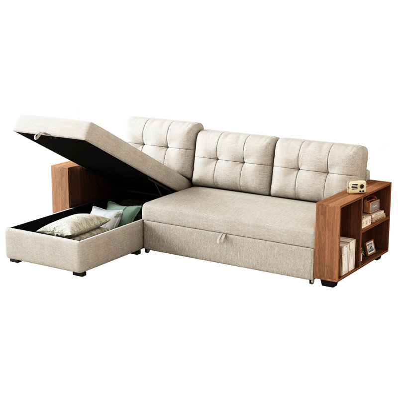 Chaise de rangement beige, rembourrée, conception moderne avec accoudoirs, canapé convertible beige avec accoudoirs carrés et rangement, revêtement en lin, salon