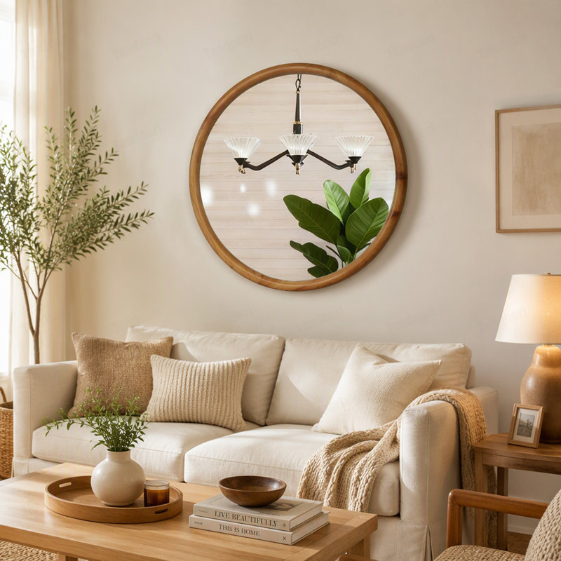 Miroir mural rond rond en bois naturel 27,56 po pour salle de bain, chambre à coucher, entrée