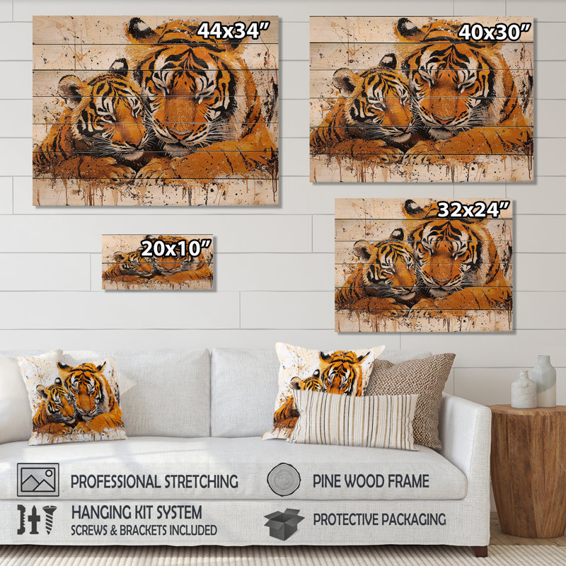 Tiger Family Bonding I - Décoration murale moderne en bois sur bois de pin naturel, H 10 po x l 20 po