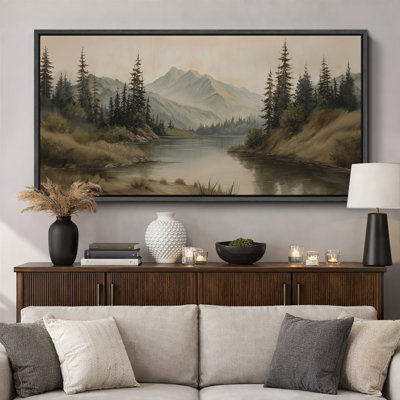 Misty Mountain Lake with Pine Forest - Pictures Extra Large Framed Canvas Print Wall Art