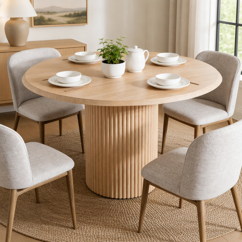 Table de salle à manger ronde avec plateau robuste en panneaux de particules E1 et piètement en métal thermolaqué, idéale pour les repas de famille et les réunions.