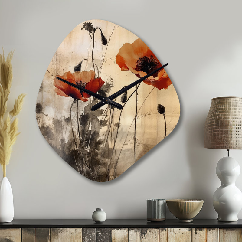 Horloge murale 3D rétro à motif de coquelicots beiges II, Grand