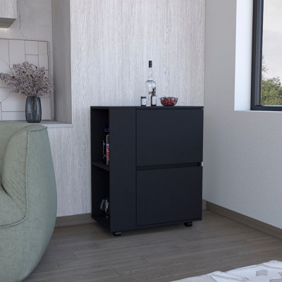 Modern Bar Cart Two Pull-Down Door Cabinets and Two Open Shelves,Black by Latitude Run