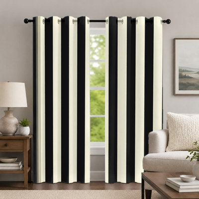 2Pcs Black and White Vertical Striped Curtains, Minimalist Geometric Style Curtain, Classic Contrast Color Pattern Printed Grommet Drapes, Window Treatment for Bedroom Living Room Decor