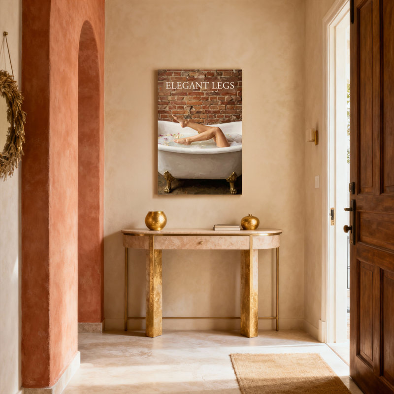 Jambes élégantes dans une baignoire avec fond de mur en briques - Ensemble d'une toile tendue, H 24 po x l 16 po