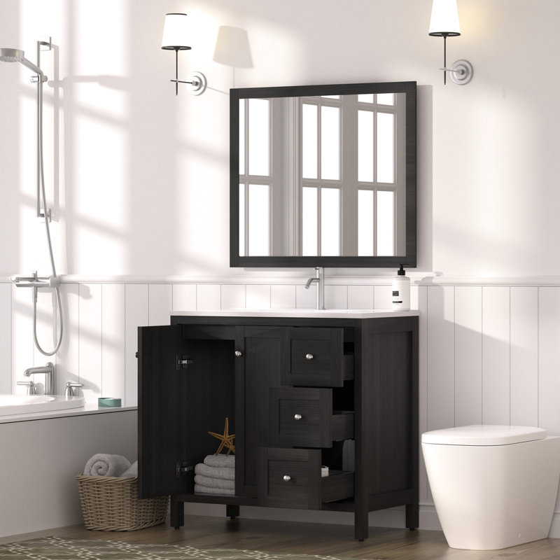 Meuble-lavabo 35,5 po, noir, lavabo en résine, armoire spacieuse, charnières, surface imperméable, tiroirs de style américain,