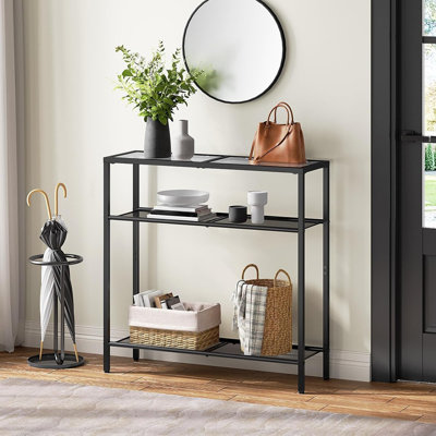Narrow Console Table, 3-Tier Tempered Glass Sofa Table, Small Side Table, Modern Entryway Table, For Entrance, Living Room, Foyer, Hallway Bedroom, Black BK21XG01G1