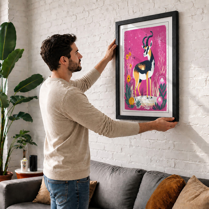 Gazelle In Bloom Mid-Century - Single Picture Frame Print, A1 - 84.1 x 59.4 cm, Black
