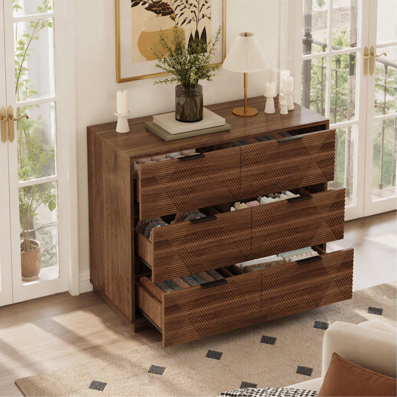 Commode moderne avec 6 tiroirs, commode en bois géométrique 3D de style Mid-Century, grande armoire de rangement pour la chambre à coucher, le salon et le vestibule