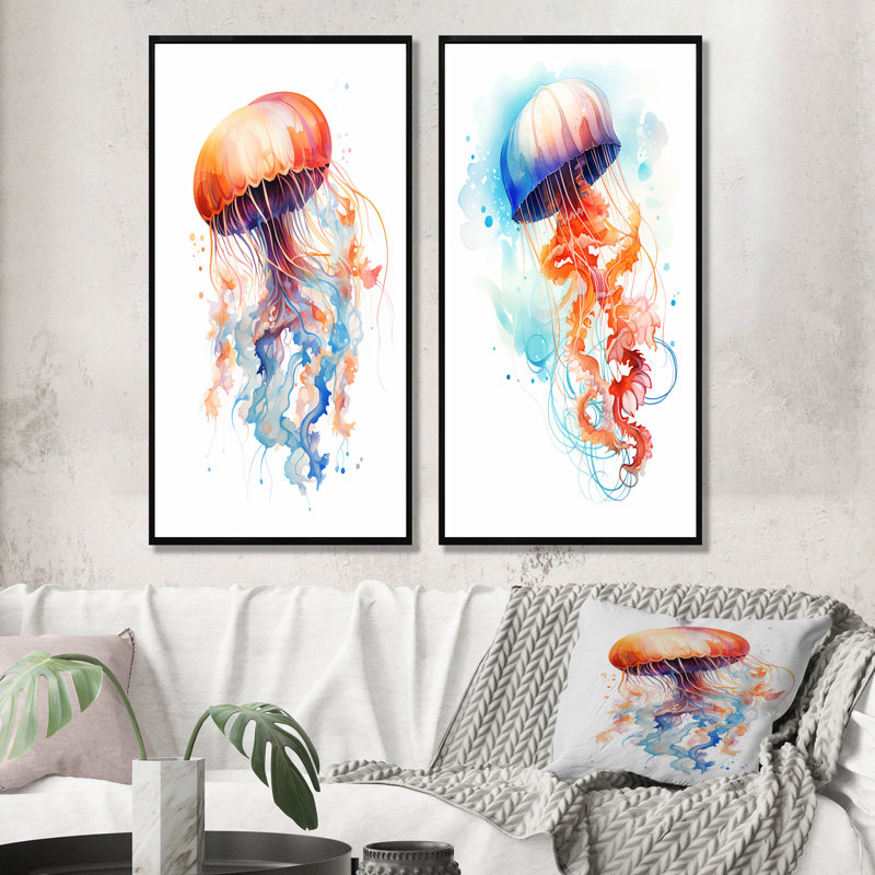 Orange et bleu méduse Jive I - ensemble d'art mural sur toile méduse, Cadre noir, H 28 po x l 25 po