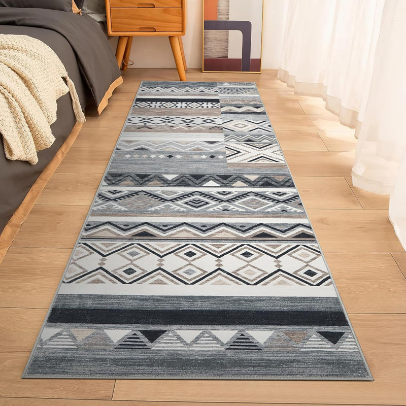 Vintage Patchwork Rug Washable Grey Hallway Non Slip Geometric Carpet Stain Resistant Tribal Soft Mat Low Pile Foldable