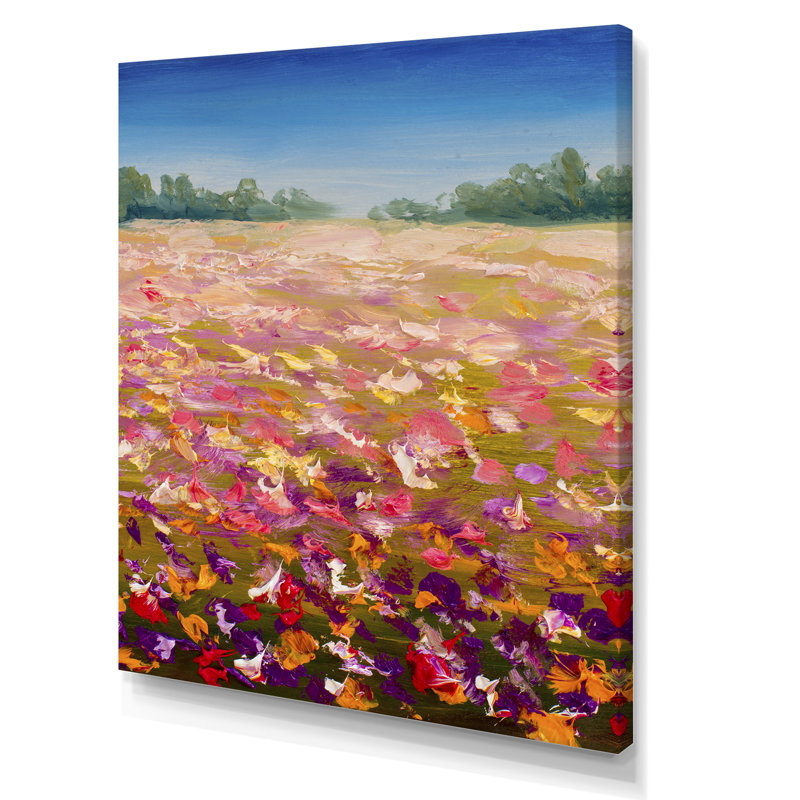 Champ rouge, rose, fleurs jaunes - reproduction d'art sur toile traditionnelle, H 36 po x l 24 po x P 1 po, Toile tendue