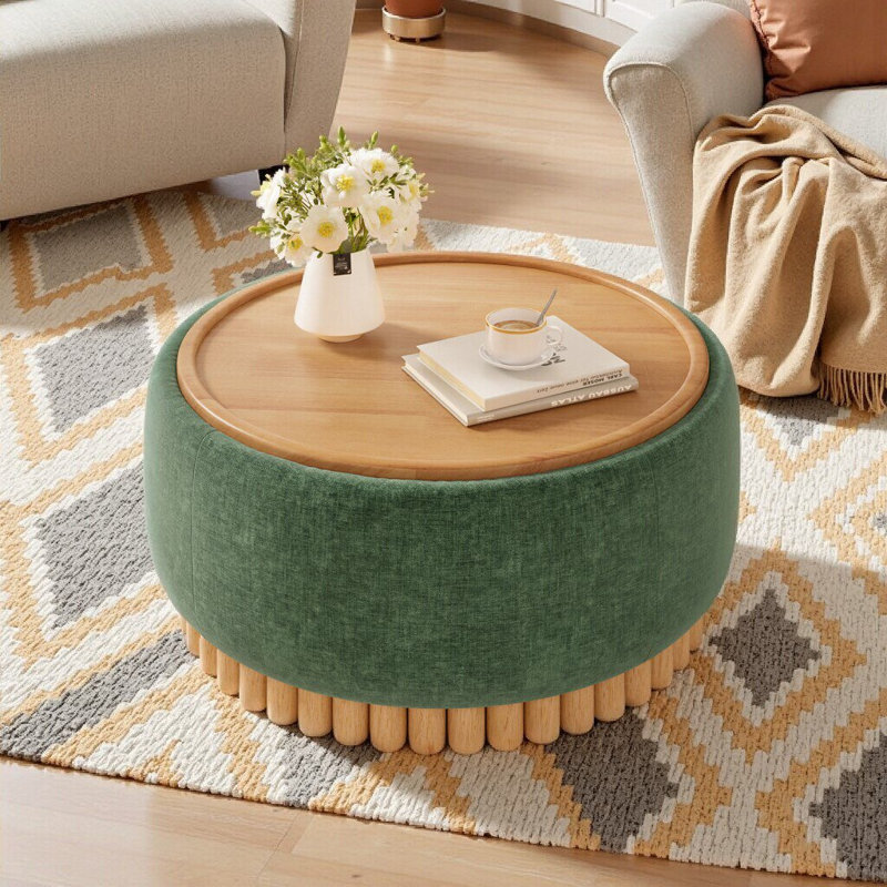 Repose-pieds de rangement rond 29 po avec pieds en bois massif - Table basse moderne avec couvercle réversible, repose-pieds en chenille verte, aucun assemblage requis