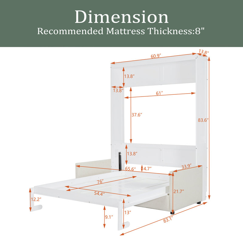 Lit escamotable double pleine grandeur avec coussin, Blanc