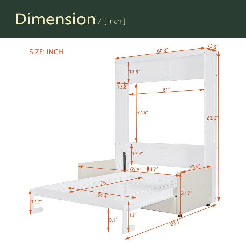 Lit escamotable double pleine grandeur avec coussin, Blanc