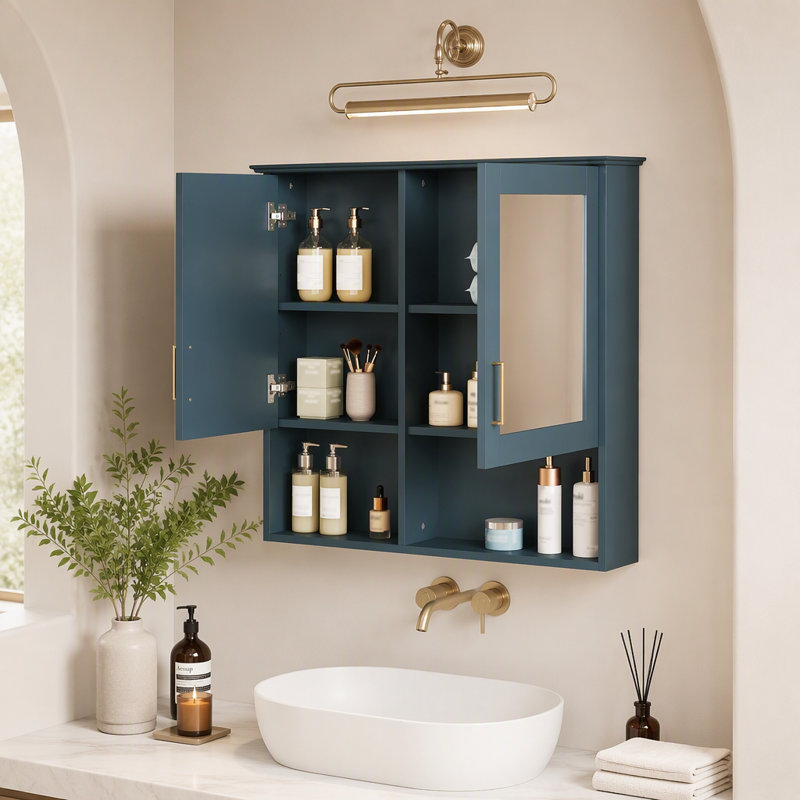 Armoire de salle de bain murale 2 en 1 avec miroir HD et tablettes réglables, Bleu