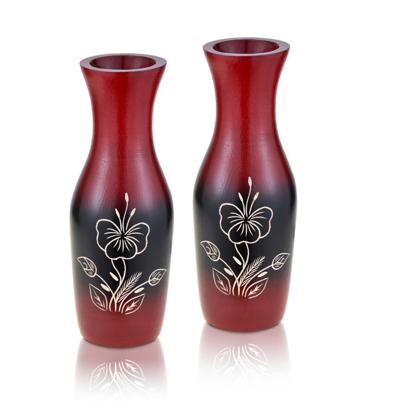 Ensemble de 2 vases de table en bois pour l'intérieur et l'extérieur rouge / noir