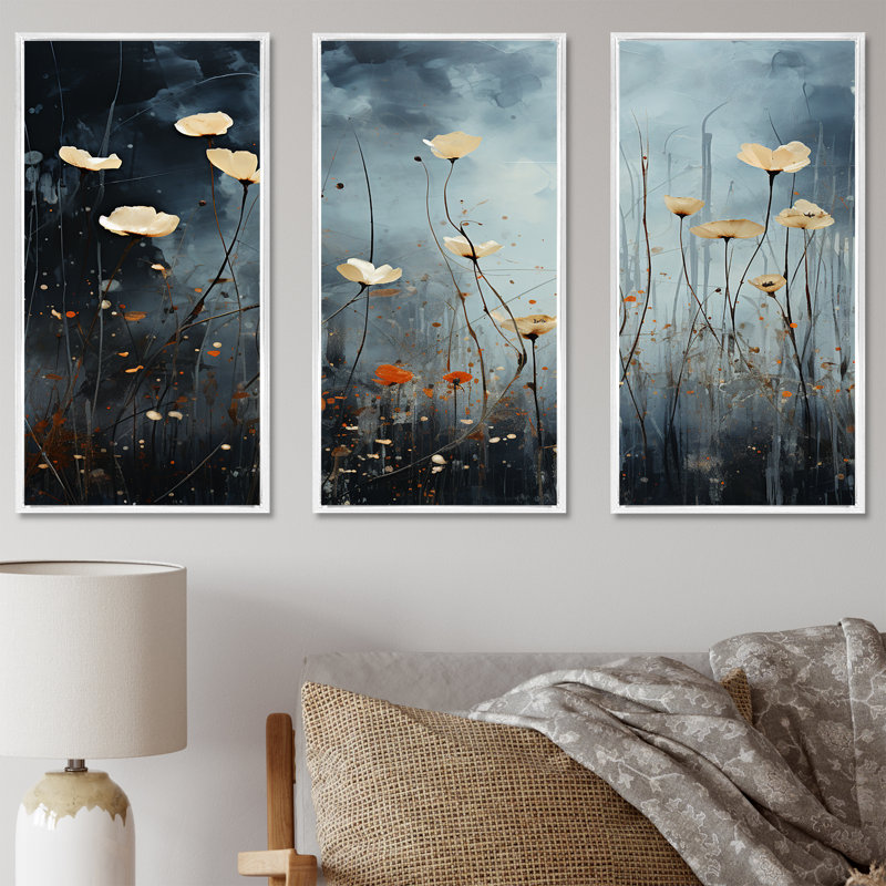 «Jade Flowers Field Enchantment I», ensemble d'art sur toile, Cadre flottant blanc, H 28 po x l 36 po x P 1 po