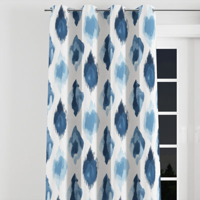 Modern Velvet Curtains - Scandinavian Blue And White Calm Ikat Grommet Curtain - 1 Panel