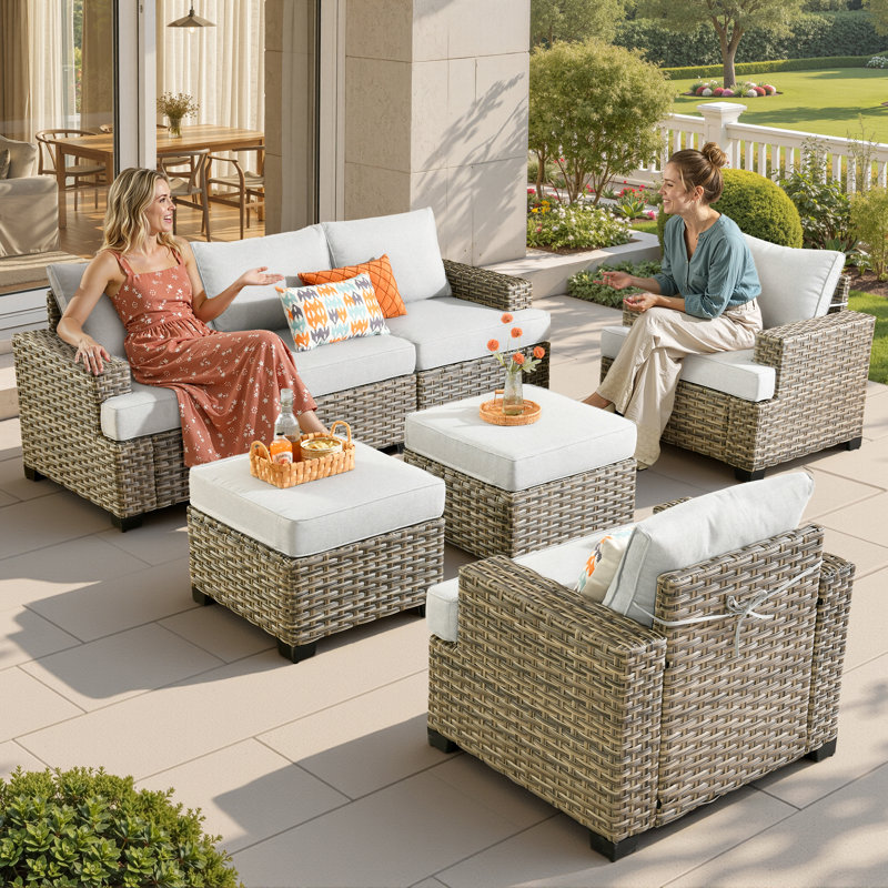 7 - Person Patio Furniture Set with Chairs, Outdoor Wicker Rattan Sectional Seating Group with Cushions, All Weather Sofa Conversation Set with Ottomans for Garden Backyard