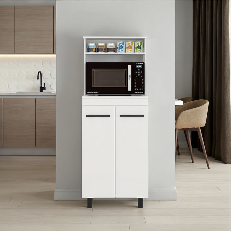 Support à micro-ondes Enderlin avec 3 tablettes, 2 portes, 4 pieds et armoire, blanc