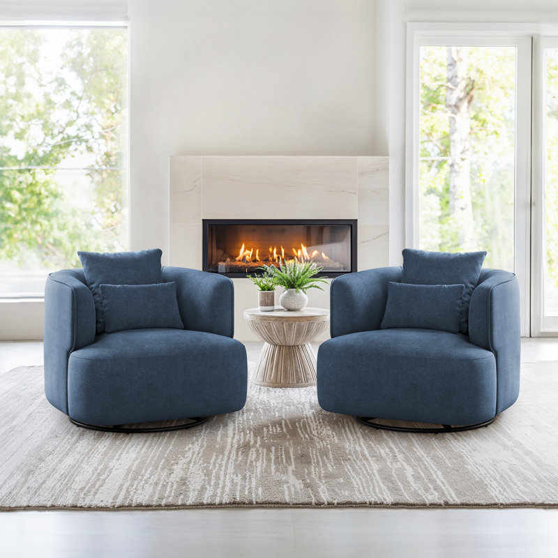 32.3" W Upholstered Swivel Barrel Chair, Steel Blue Chenille