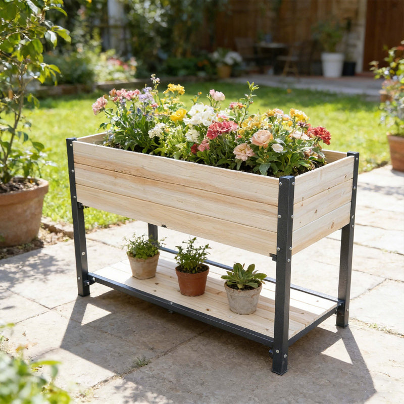 Nouveau style: lit de jardin surélevé à structure en fer et en bois massif - panneaux de bois réversibles et remplaçables, sans peinture / formaldéhyde, boîte à fleurs à bricolage pour légumes, fruits et fleurs
