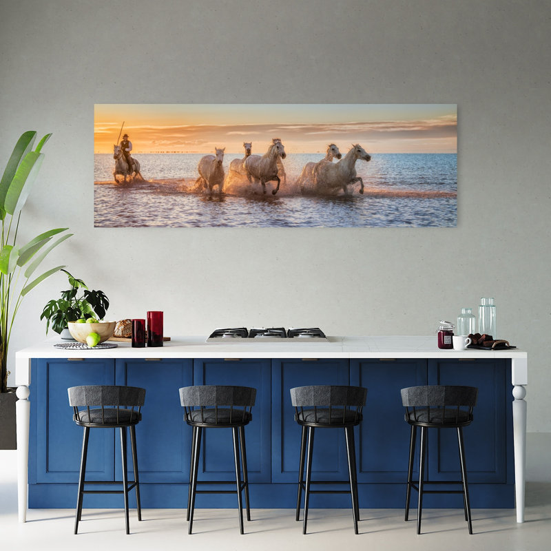 «Camargue Horses Sunset Run Dramatic Elegant Abstract Horse Ocean Sunset», art mural, H 20 po x l 60 po