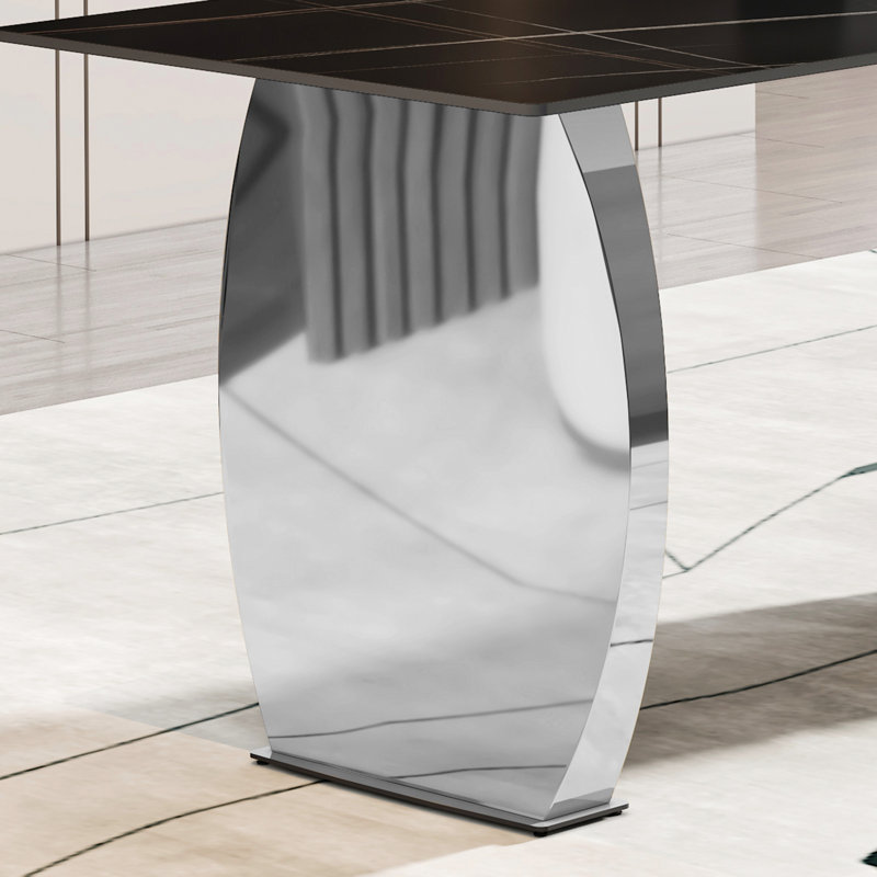 Table de salle à manger très moderne Classy avec surface en pierre frittée noire de 0,4 pouce et pieds argentés, convient aux espaces commerciaux à domicile, acier inoxydable de table à haute température convenant à la cuisine, à la salle à manger,