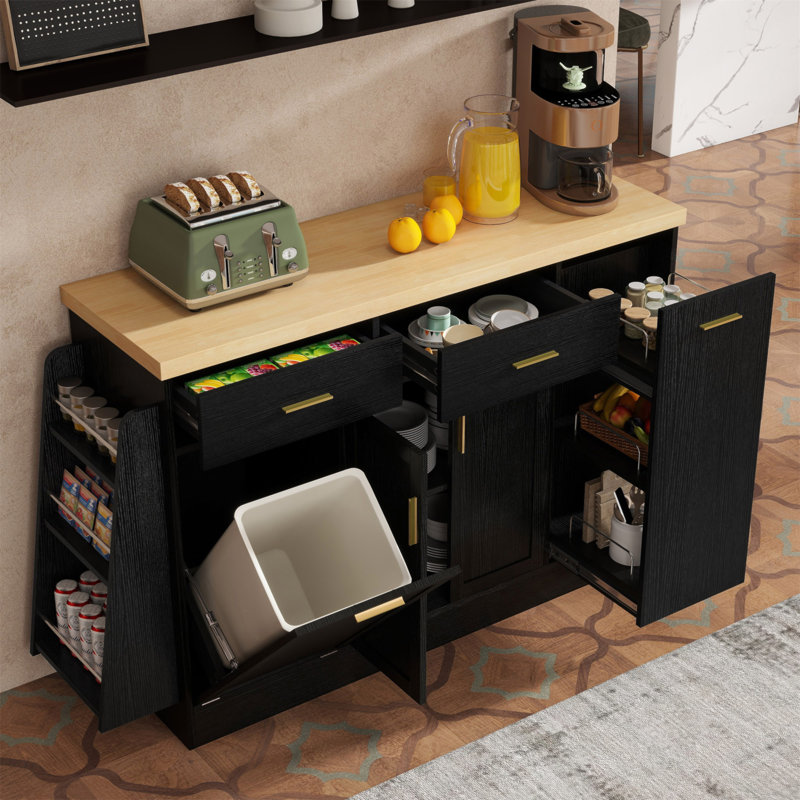 Buffet de rangement multifonctionnel, rangement pour poubelle, armoire à porte coulissante et support à épices à 3 niveaux, îlot de cuisine pour la cuisine, la salle à manger