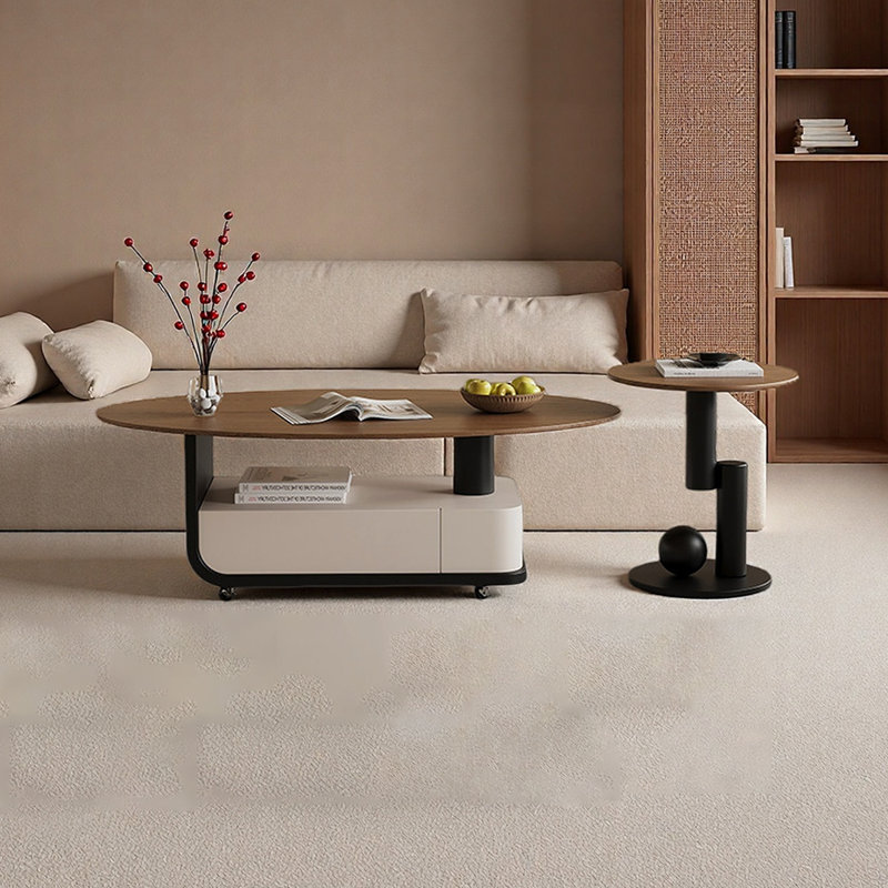 Ensemble de table basse mobile avec rangement et roulettes, Brun noisette, Noir / Beige, H 17,71 po x L 51,18 po x l 25,98 po
